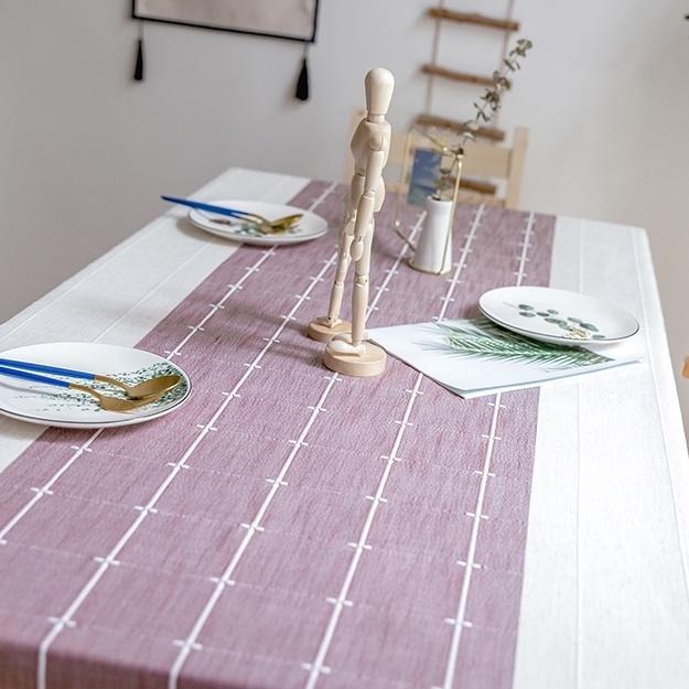 【HUAHUA】(二色可選)仿棉麻簡約現代條紋格子布藝桌巾 自帶桌旗桌布 清新流蘇裝飾桌布 多用途桌布 桌椅防塵布-細節圖8