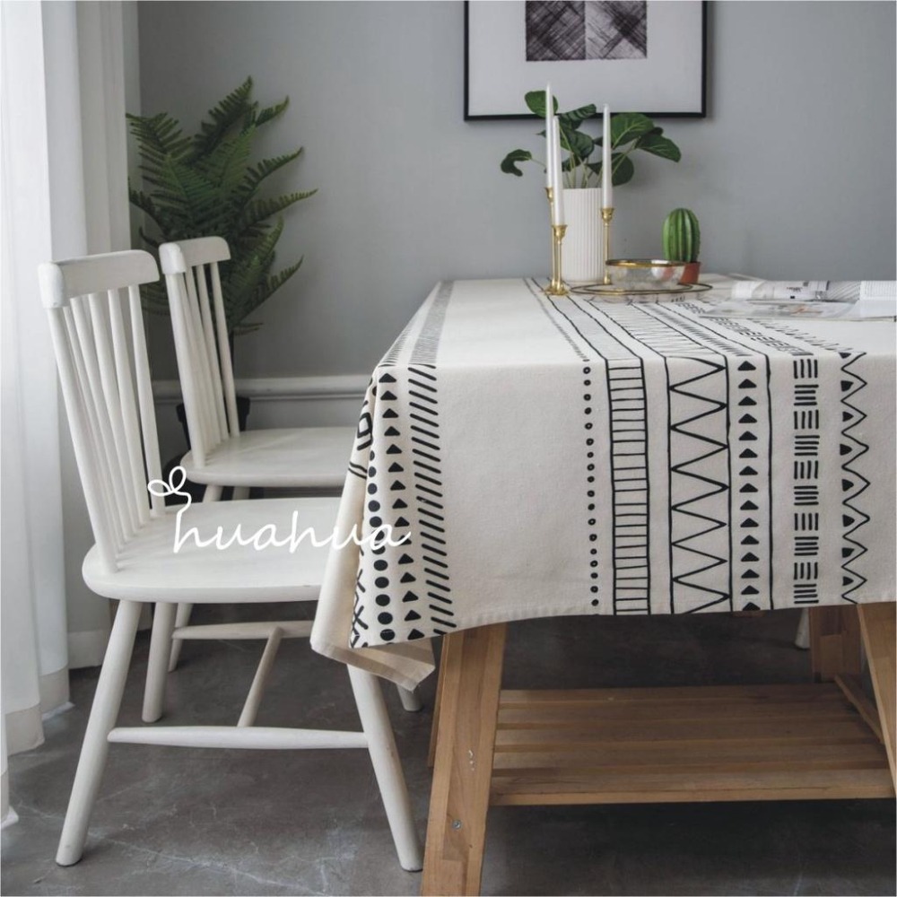 【HUAHUA】民族風餐桌巾 棉麻桌布 波西米亞風桌布 黑白印花餐廳布藝桌布 現代簡約茶几布-細節圖4