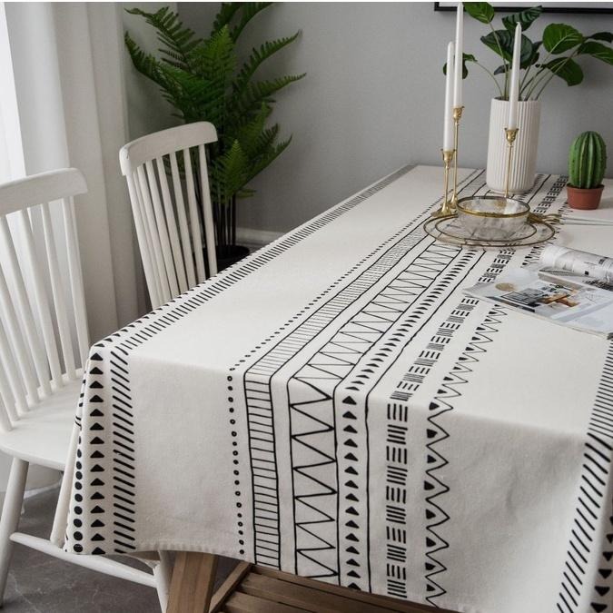 【HUAHUA】民族風餐桌巾 棉麻桌布 波西米亞風桌布 黑白印花餐廳布藝桌布 現代簡約茶几布-細節圖5