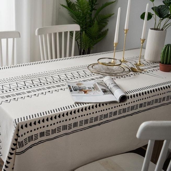 【HUAHUA】民族風餐桌巾 棉麻桌布 波西米亞風桌布 黑白印花餐廳布藝桌布 現代簡約茶几布-細節圖6