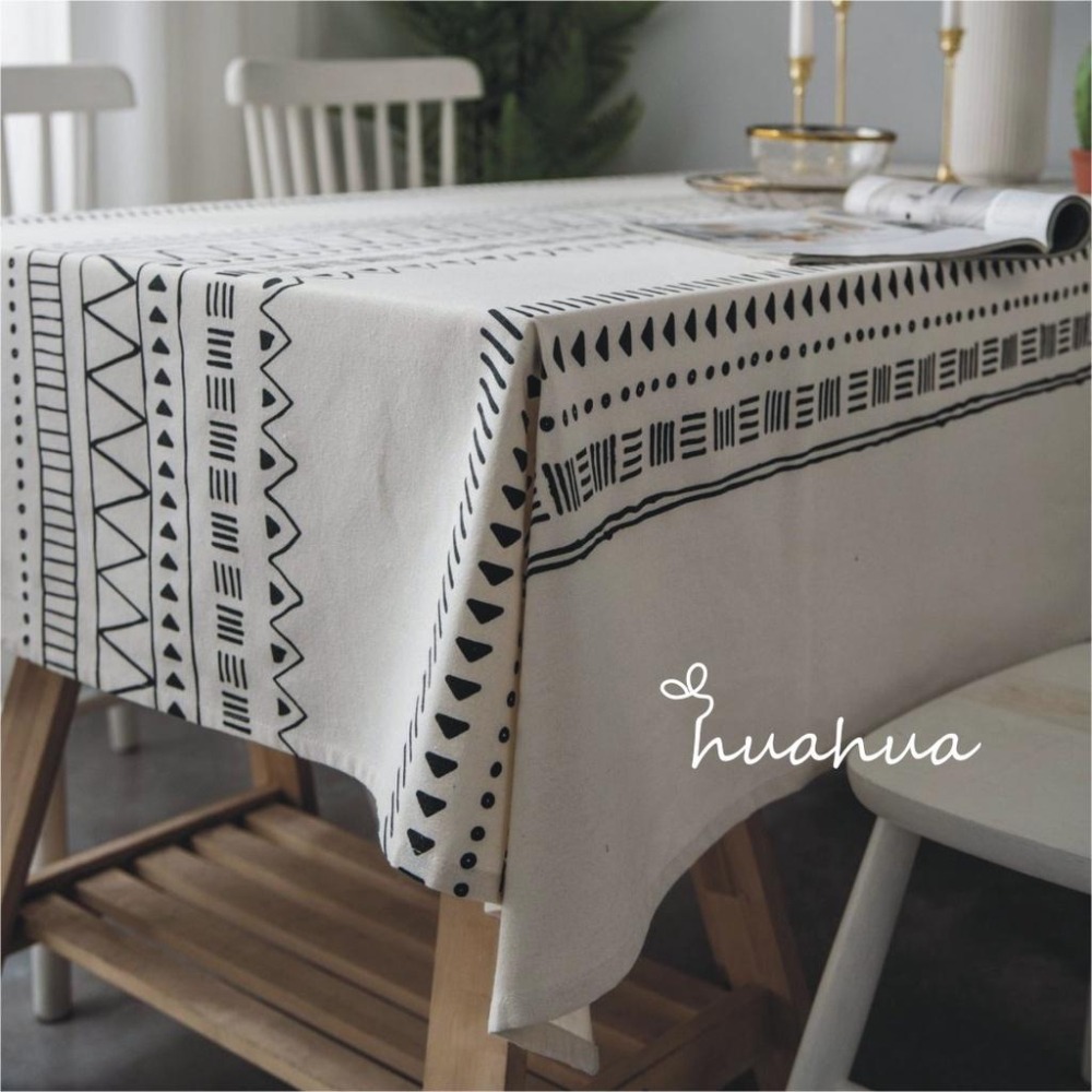 【HUAHUA】民族風餐桌巾 棉麻桌布 波西米亞風桌布 黑白印花餐廳布藝桌布 現代簡約茶几布-細節圖7