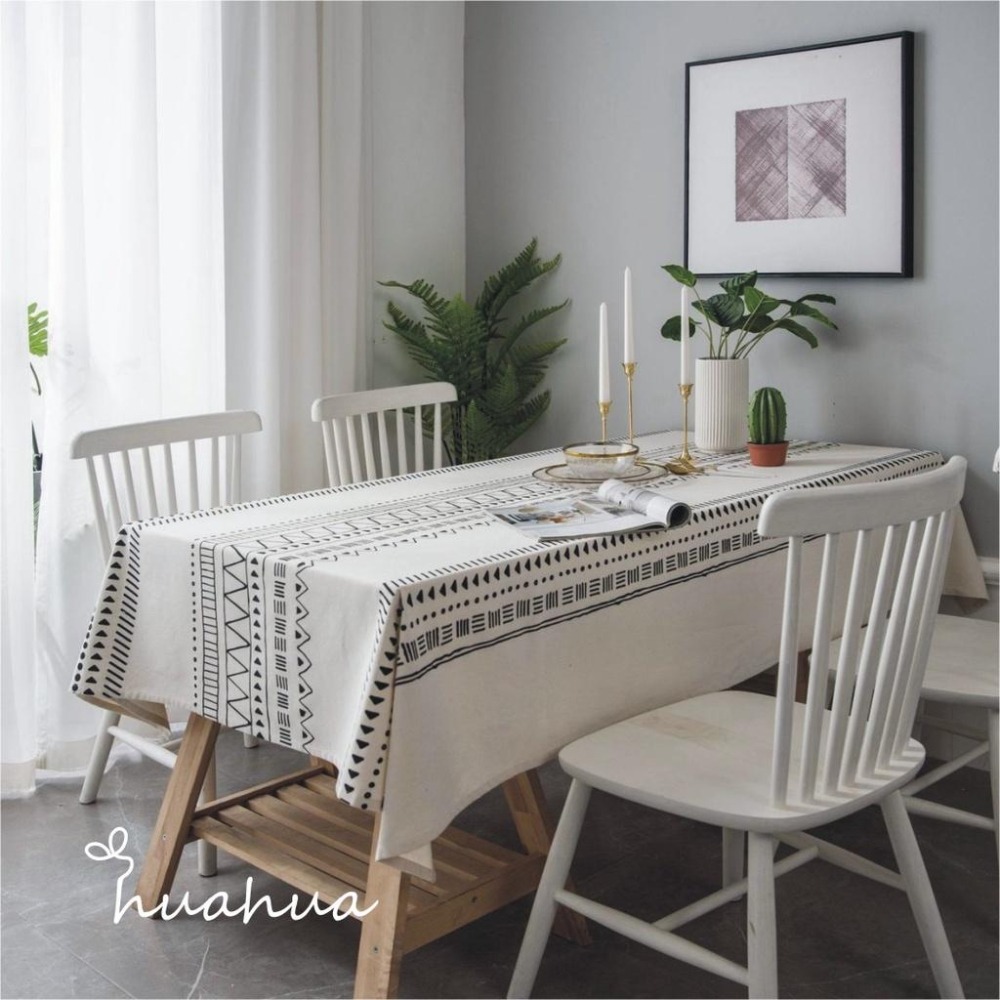 【HUAHUA】民族風餐桌巾 棉麻桌布 波西米亞風桌布 黑白印花餐廳布藝桌布 現代簡約茶几布-細節圖8