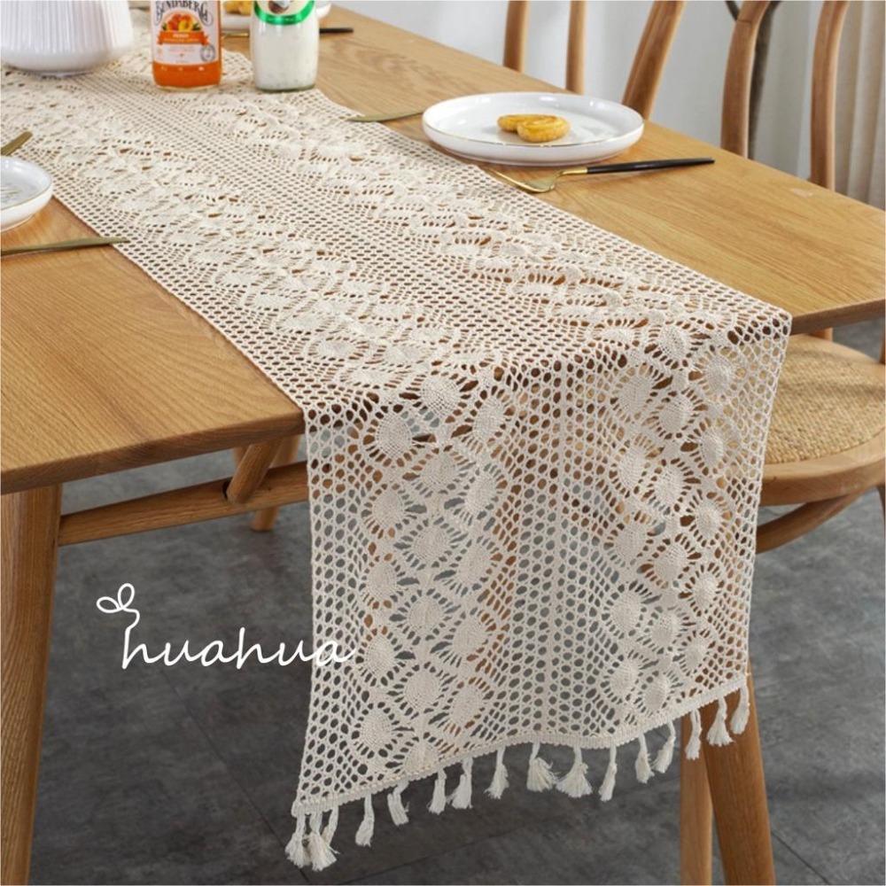 【HUAHUA】桌旗蕾絲 桌旗布 美式鄉村拼接鉤針桌旗 電視櫃裝飾蓋巾 針織鏤空餐桌布 田園風蕾絲流蘇桌旗-細節圖2