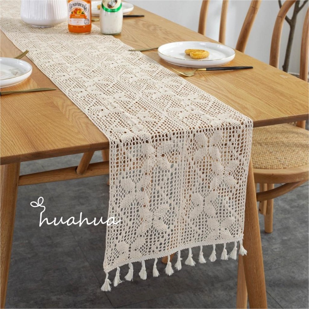 【HUAHUA】桌旗蕾絲 桌旗布 美式鄉村拼接鉤針桌旗 電視櫃裝飾蓋巾 針織鏤空餐桌布 田園風蕾絲流蘇桌旗-細節圖3