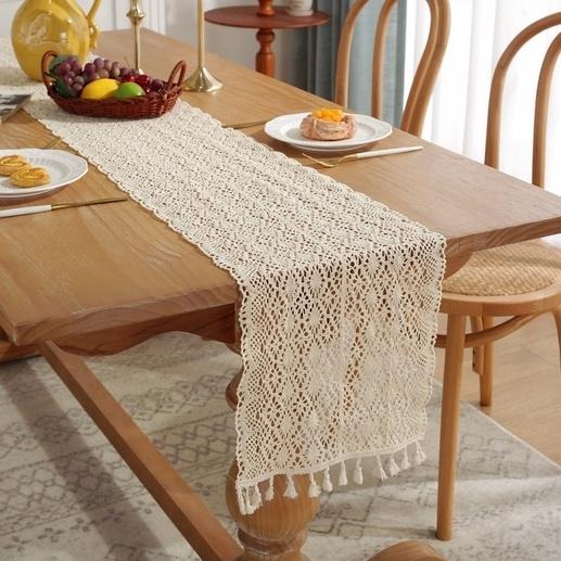 【HUAHUA】桌旗蕾絲 桌旗布 美式鄉村拼接鉤針桌旗 電視櫃裝飾蓋巾 針織鏤空餐桌布 田園風蕾絲流蘇桌旗-細節圖4