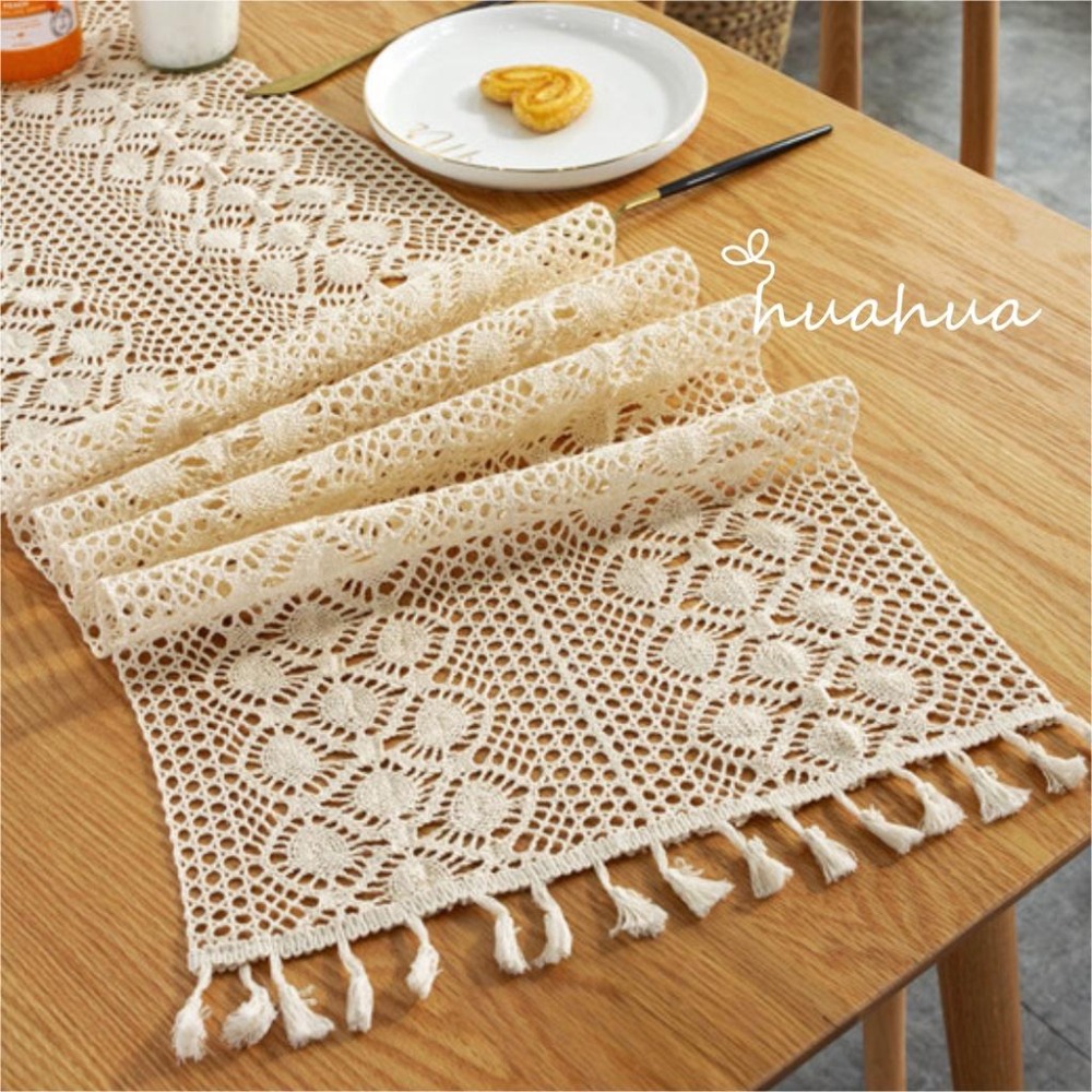 【HUAHUA】桌旗蕾絲 桌旗布 美式鄉村拼接鉤針桌旗 電視櫃裝飾蓋巾 針織鏤空餐桌布 田園風蕾絲流蘇桌旗-細節圖5