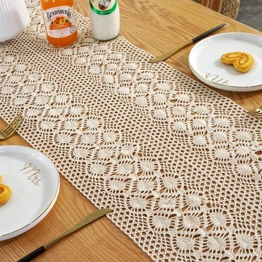 【HUAHUA】桌旗蕾絲 桌旗布 美式鄉村拼接鉤針桌旗 電視櫃裝飾蓋巾 針織鏤空餐桌布 田園風蕾絲流蘇桌旗-細節圖8