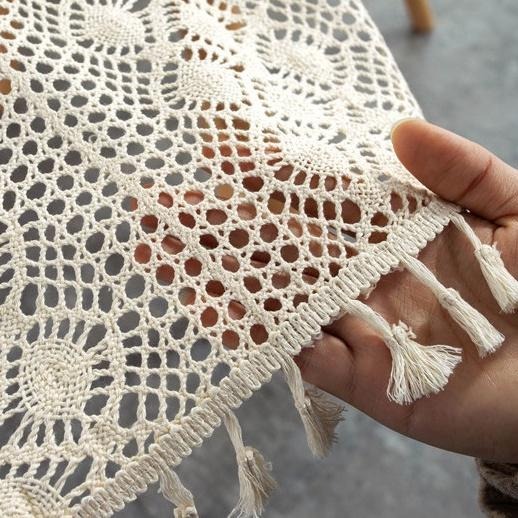 【HUAHUA】桌旗蕾絲 桌旗布 美式鄉村拼接鉤針桌旗 電視櫃裝飾蓋巾 針織鏤空餐桌布 田園風蕾絲流蘇桌旗-細節圖9