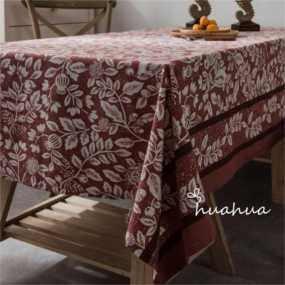 【HUAHUA】植物花鳥桌布 美式鄉村餐桌布 仿棉麻布藝裝飾巾 橘色印花長方形桌巾-細節圖4