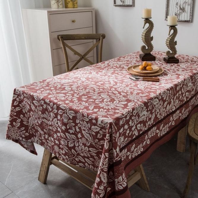 【HUAHUA】植物花鳥桌布 美式鄉村餐桌布 仿棉麻布藝裝飾巾 橘色印花長方形桌巾-細節圖7