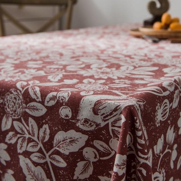 【HUAHUA】植物花鳥桌布 美式鄉村餐桌布 仿棉麻布藝裝飾巾 橘色印花長方形桌巾-細節圖8