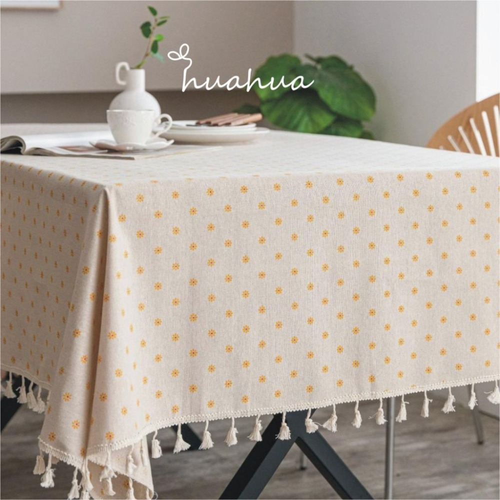 【HUAHUA】棉麻黃色小菊印花餐桌布 長方形流蘇桌巾 家用茶几防塵蓋巾 田園清新桌巾-細節圖2