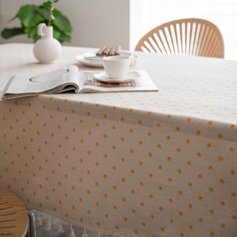 【HUAHUA】棉麻黃色小菊印花餐桌布 長方形流蘇桌巾 家用茶几防塵蓋巾 田園清新桌巾-細節圖7