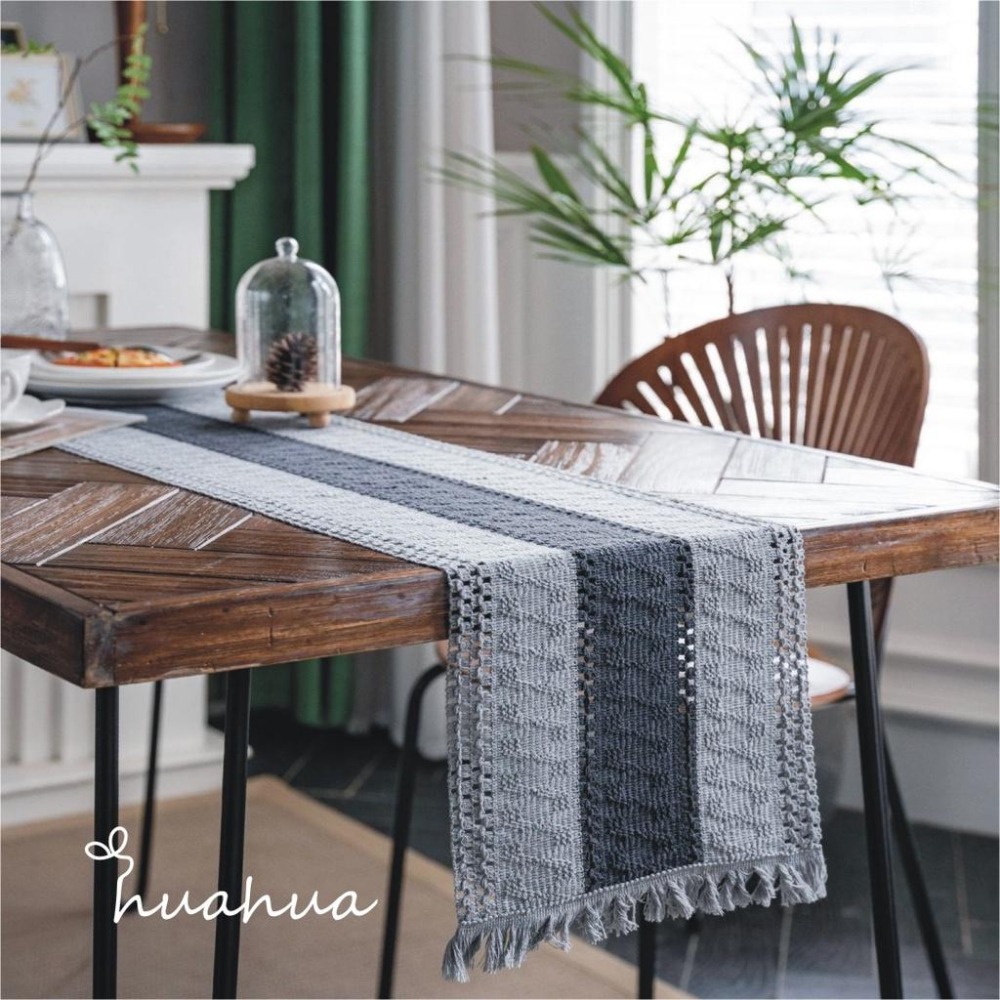 【HUAHUA】桌旗布 美式風格桌旗 黑白棉線撞色條紋拼接桌旗 編織流蘇天然材質裝飾巾 美式節日桌旗 電視櫃裝飾巾-細節圖3