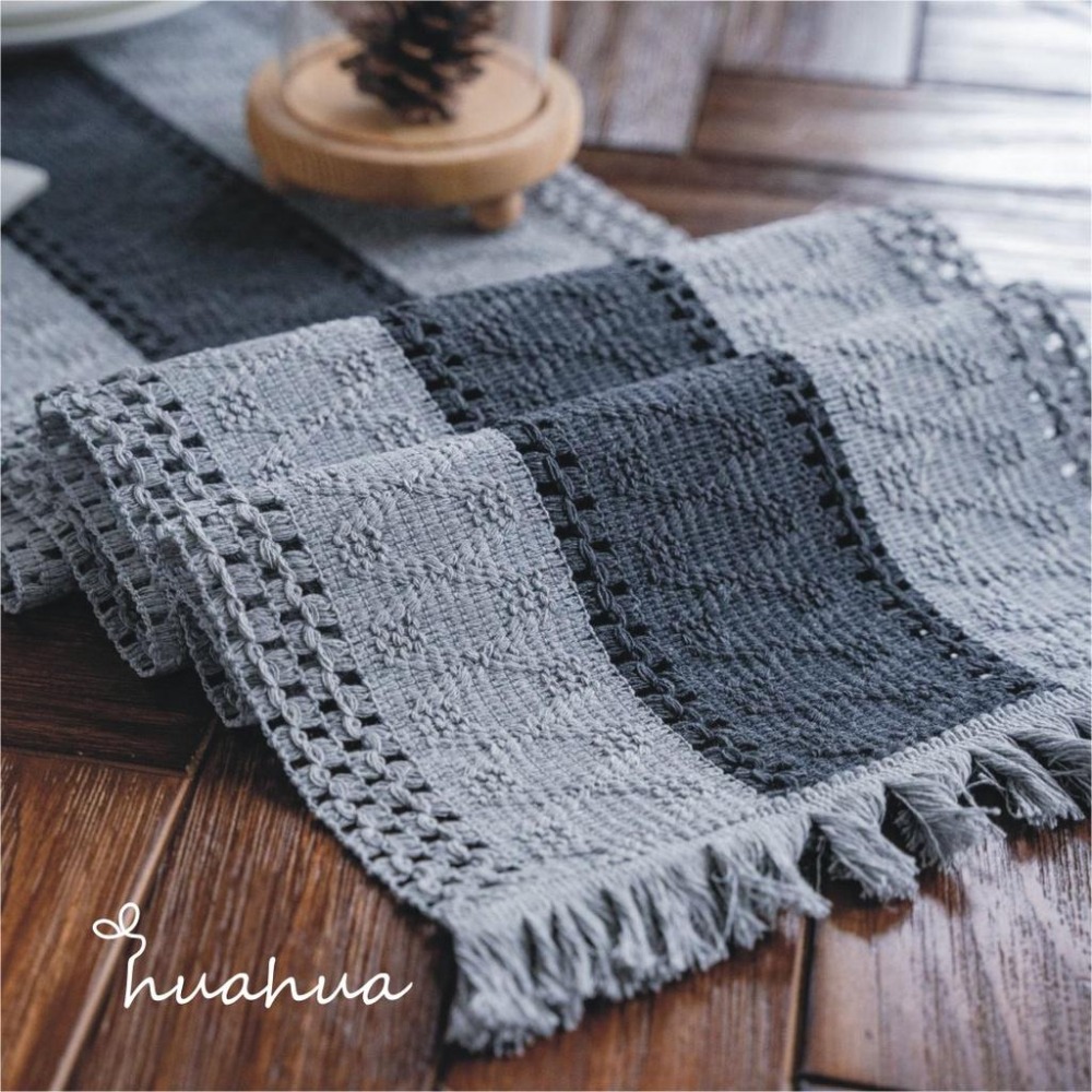 【HUAHUA】桌旗布 美式風格桌旗 黑白棉線撞色條紋拼接桌旗 編織流蘇天然材質裝飾巾 美式節日桌旗 電視櫃裝飾巾-細節圖4