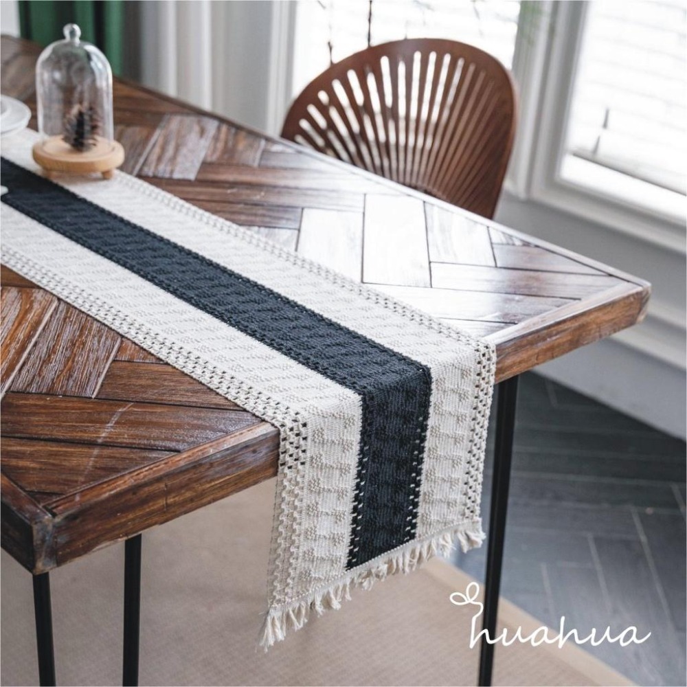 【HUAHUA】桌旗布 美式風格桌旗 黑白棉線撞色條紋拼接桌旗 編織流蘇天然材質裝飾巾 美式節日桌旗 電視櫃裝飾巾-細節圖5