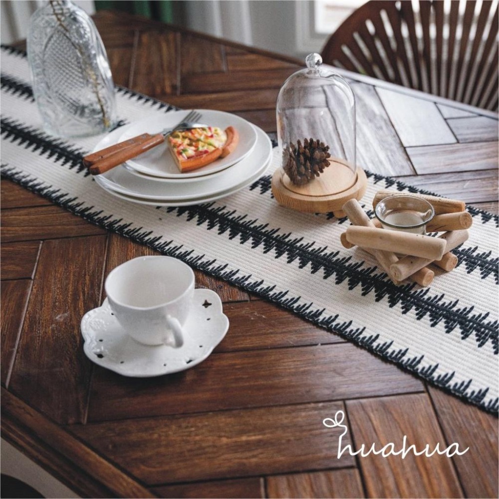 【HUAHUA】桌旗布 美式風格桌旗 黑白棉線撞色條紋拼接桌旗 編織流蘇天然材質裝飾巾 美式節日桌旗 電視櫃裝飾巾-細節圖6