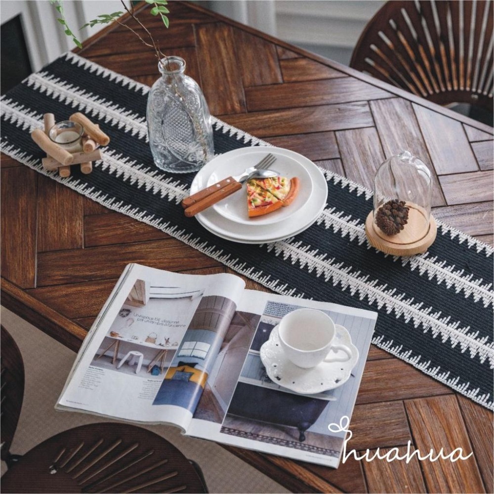 【HUAHUA】桌旗布 美式風格桌旗 黑白棉線撞色條紋拼接桌旗 編織流蘇天然材質裝飾巾 美式節日桌旗 電視櫃裝飾巾-細節圖7