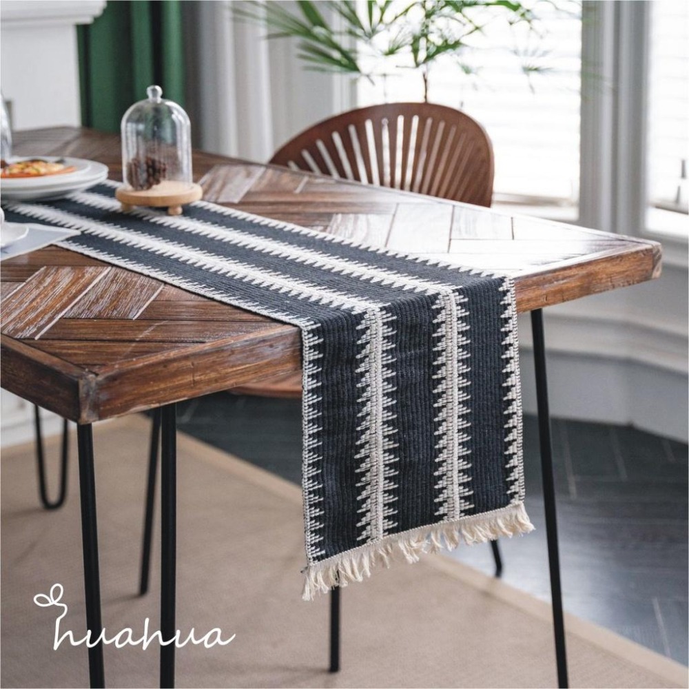 【HUAHUA】桌旗布 美式風格桌旗 黑白棉線撞色條紋拼接桌旗 編織流蘇天然材質裝飾巾 美式節日桌旗 電視櫃裝飾巾-細節圖8