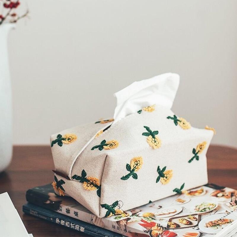【HUAHUA】田園風雛菊繡花雙層布藝紙巾套 田園風客廳家用茶几紙抽盒 韓風太陽花雙層布藝紙巾套 刺繡花朵車載抽紙套-細節圖8