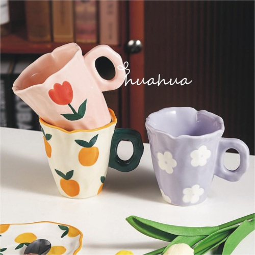 【HUAHUA】韓系陶瓷馬克杯 手捏不規則花朵咖啡杯 高顏值鬱金香水杯 女生 橘子牛奶杯 小白花杯子