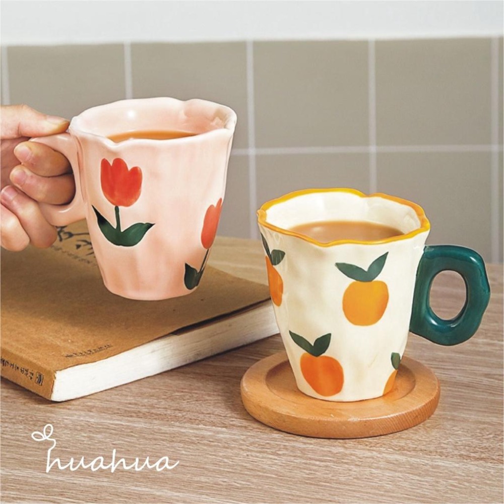 【HUAHUA】韓系陶瓷馬克杯 手捏不規則花朵咖啡杯 高顏值鬱金香水杯 女生 橘子牛奶杯 小白花杯子-細節圖4