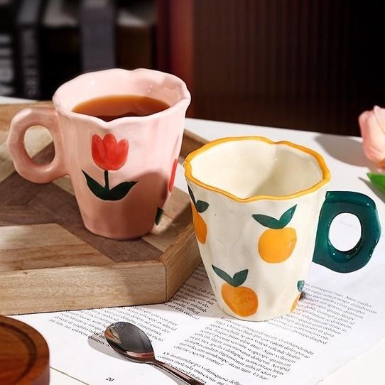 【HUAHUA】韓系陶瓷馬克杯 手捏不規則花朵咖啡杯 高顏值鬱金香水杯 女生 橘子牛奶杯 小白花杯子-細節圖5