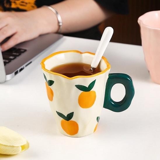 【HUAHUA】韓系陶瓷馬克杯 手捏不規則花朵咖啡杯 高顏值鬱金香水杯 女生 橘子牛奶杯 小白花杯子-細節圖8