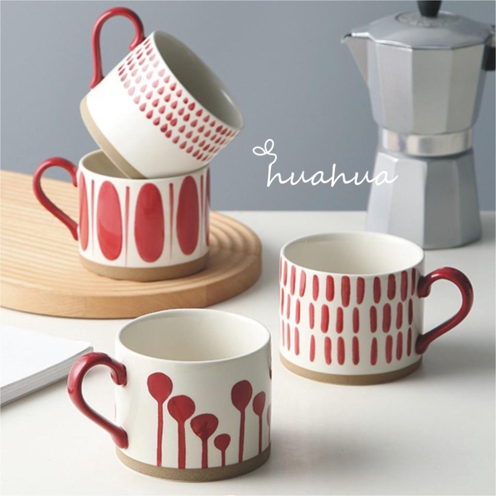 【HUAHUA】北歐風大容量陶瓷馬克杯 藍色手繪釉下彩咖啡杯 茶杯 紅色早餐杯 簡約喝水杯-細節圖6