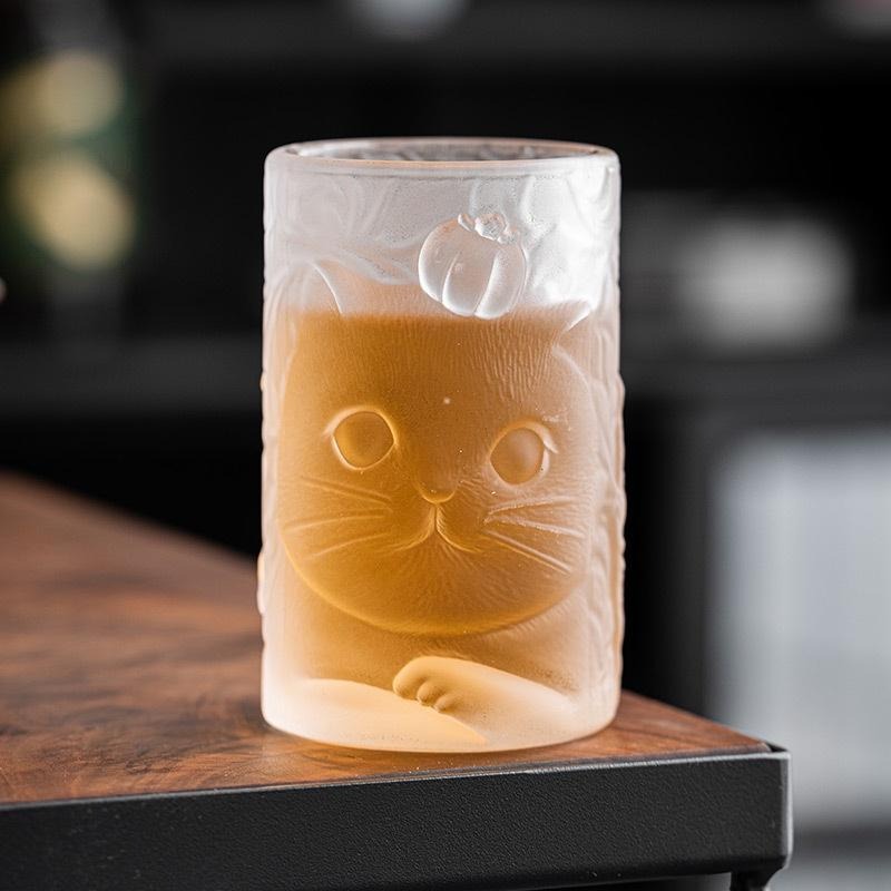 【HUAHUA】玻璃杯 浮雕 透明 可愛貓咪柿子琉璃杯子 家用 玻璃茶杯 喝水杯 功夫主人杯 果汁杯 冷飲杯 茶杯-細節圖4