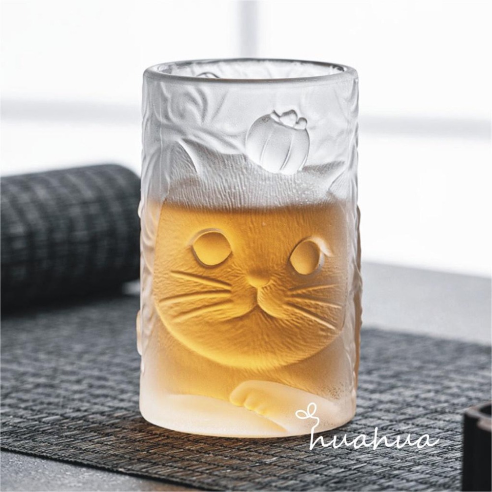 【HUAHUA】玻璃杯 浮雕 透明 可愛貓咪柿子琉璃杯子 家用 玻璃茶杯 喝水杯 功夫主人杯 果汁杯 冷飲杯 茶杯-細節圖6