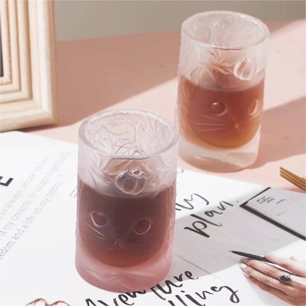 【HUAHUA】玻璃杯 浮雕 透明 可愛貓咪柿子琉璃杯子 家用 玻璃茶杯 喝水杯 功夫主人杯 果汁杯 冷飲杯 茶杯-細節圖7