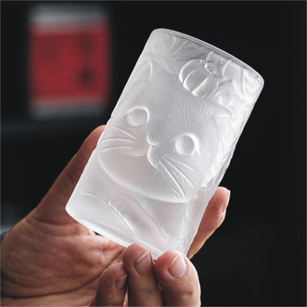 【HUAHUA】玻璃杯 浮雕 透明 可愛貓咪柿子琉璃杯子 家用 玻璃茶杯 喝水杯 功夫主人杯 果汁杯 冷飲杯 茶杯-細節圖9