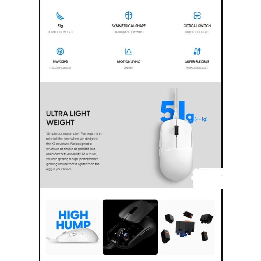 淺規則 Pulsar X2 H 有線滑鼠 黑色白色 X2H (size2) 51g輕量 可自訂按鍵巨集 PAW3395-細節圖5