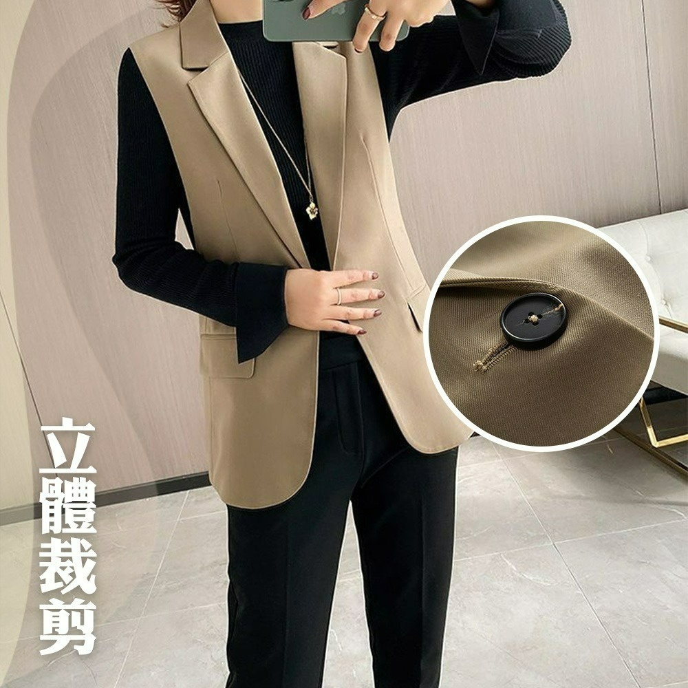 【QIDINA】四季百搭立體剪裁顯瘦西裝背心-B / 背心女 背心外套 外搭背心 長版背心 夾克 休閒背心 上衣女-細節圖5