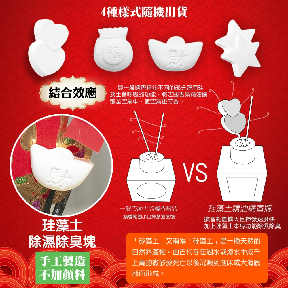 【QIDINA】專利箔金招財香氛珪藻土擴香瓶 無酒精配方 ( 4入贈新年限定噴霧*1 ) / 過年 賀年 新年 送禮-細節圖2