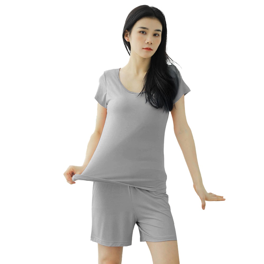 【QIDINA】莫代爾親膚帶罩彈性舒適休閒套裝-G / 居家服 運動套裝 涼感 胸墊睡衣 短袖套裝 短袖睡衣 短袖上衣-規格圖6