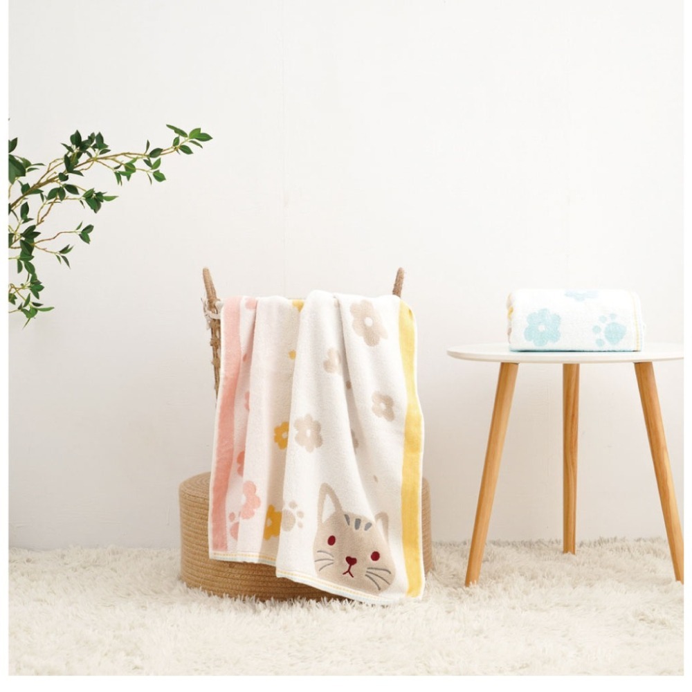【QIDINA】【HKIL-巾專家】日系櫻花貓純棉浴巾-MS / 寶寶浴巾 兒童毛巾 小方巾 吸水浴巾-細節圖6