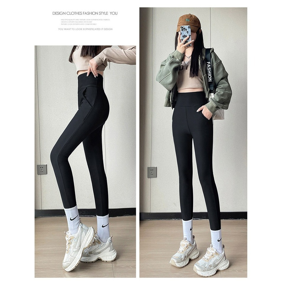 【QIDINA】升級加絨雙口袋顯瘦彈力保暖鯊魚褲-2PC / 喇叭褲 瑜珈褲 保暖褲 刷毛褲 高腰褲 運動褲 直筒褲-細節圖8