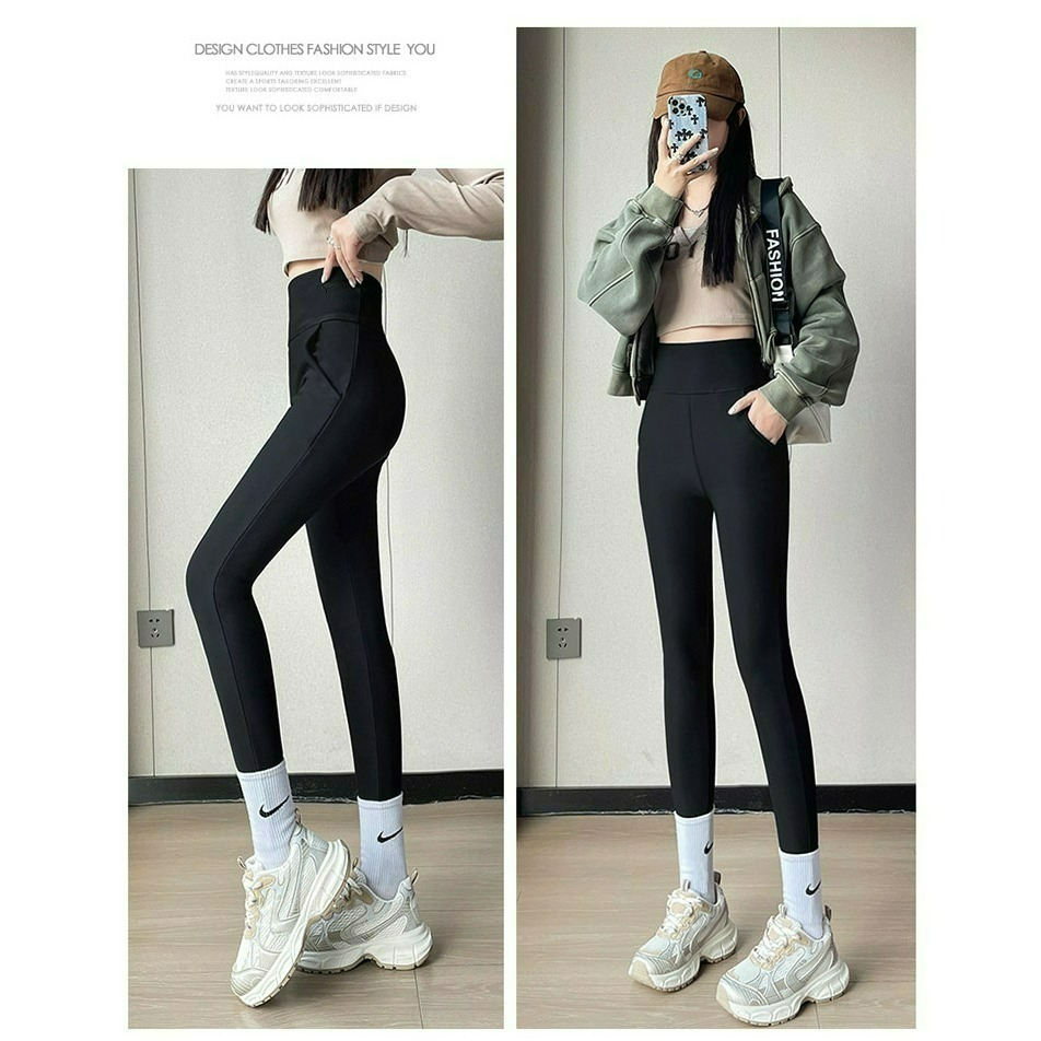 【QIDINA】升級加絨雙口袋顯瘦彈力保暖鯊魚褲-2PC / 喇叭褲 瑜珈褲 保暖褲 刷毛褲 高腰褲 運動褲 直筒褲-細節圖8