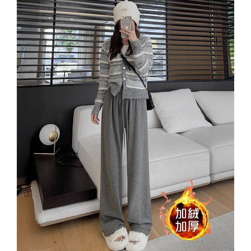 【QIDINA】秋冬厚實保暖內毛絨百搭軟糯闊腿褲-2PE / 長褲女 落地褲 保暖褲 黑色長褲 寬褲 休閒褲 寬褲女-細節圖8