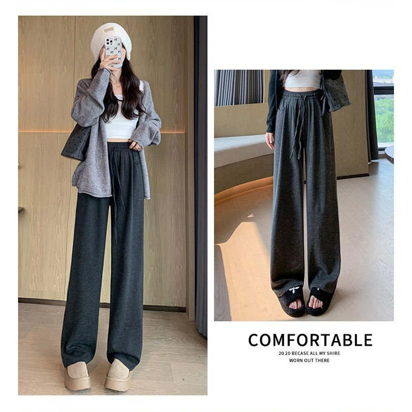 【QIDINA】秋冬厚實保暖內毛絨百搭軟糯闊腿褲-2PE / 長褲女 落地褲 保暖褲 黑色長褲 寬褲 休閒褲 寬褲女-細節圖10