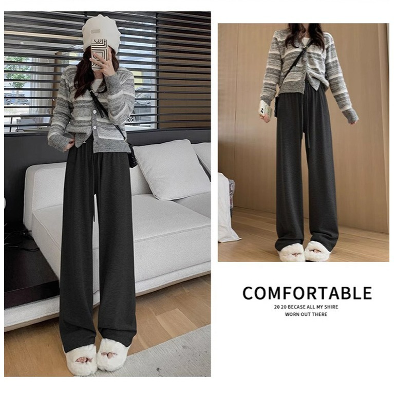 【QIDINA】秋冬厚實保暖內毛絨百搭軟糯闊腿褲-2PE / 長褲女 落地褲 保暖褲 黑色長褲 寬褲 休閒褲 寬褲女-細節圖11