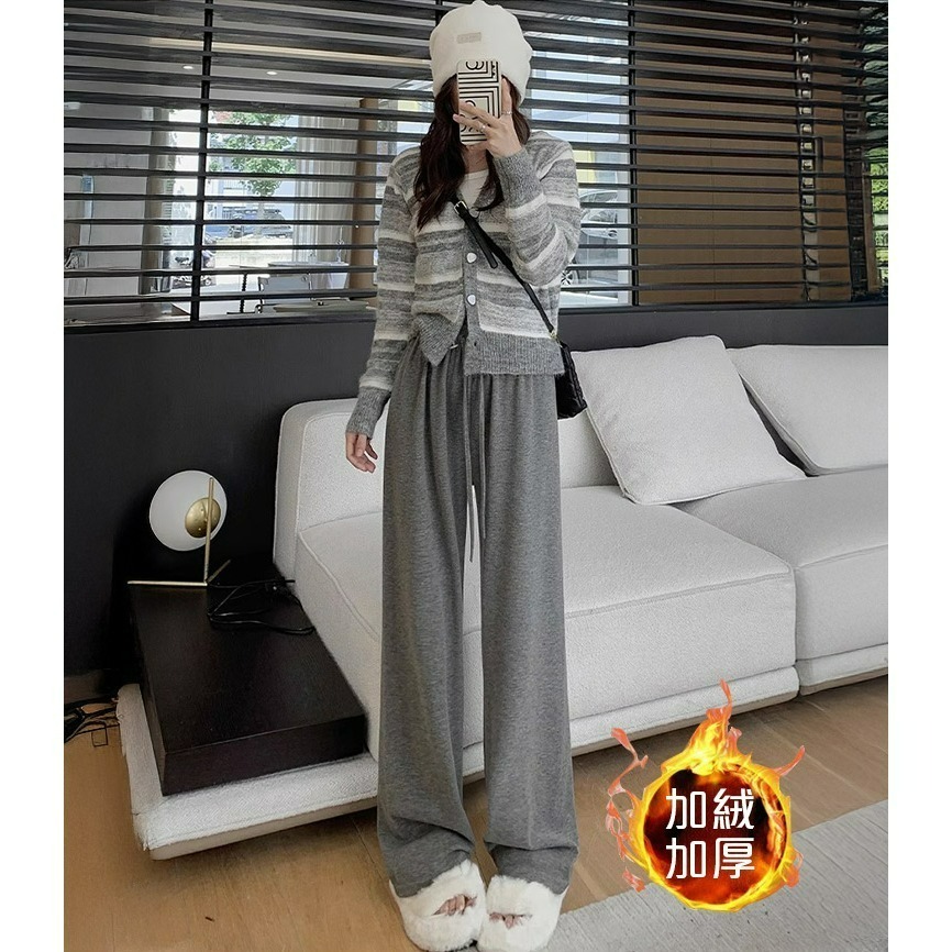 【QIDINA】秋冬厚實保暖內毛絨百搭軟糯闊腿褲-2PE / 長褲女 落地褲 保暖褲 黑色長褲 寬褲 休閒褲 寬褲女-細節圖8