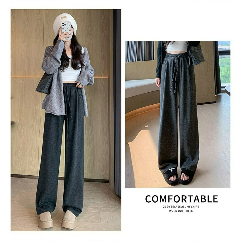 【QIDINA】秋冬厚實保暖內毛絨百搭軟糯闊腿褲-2PE / 長褲女 落地褲 保暖褲 黑色長褲 寬褲 休閒褲 寬褲女-細節圖10