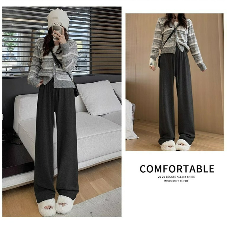 【QIDINA】秋冬厚實保暖內毛絨百搭軟糯闊腿褲-2PE / 長褲女 落地褲 保暖褲 黑色長褲 寬褲 休閒褲 寬褲女-細節圖11