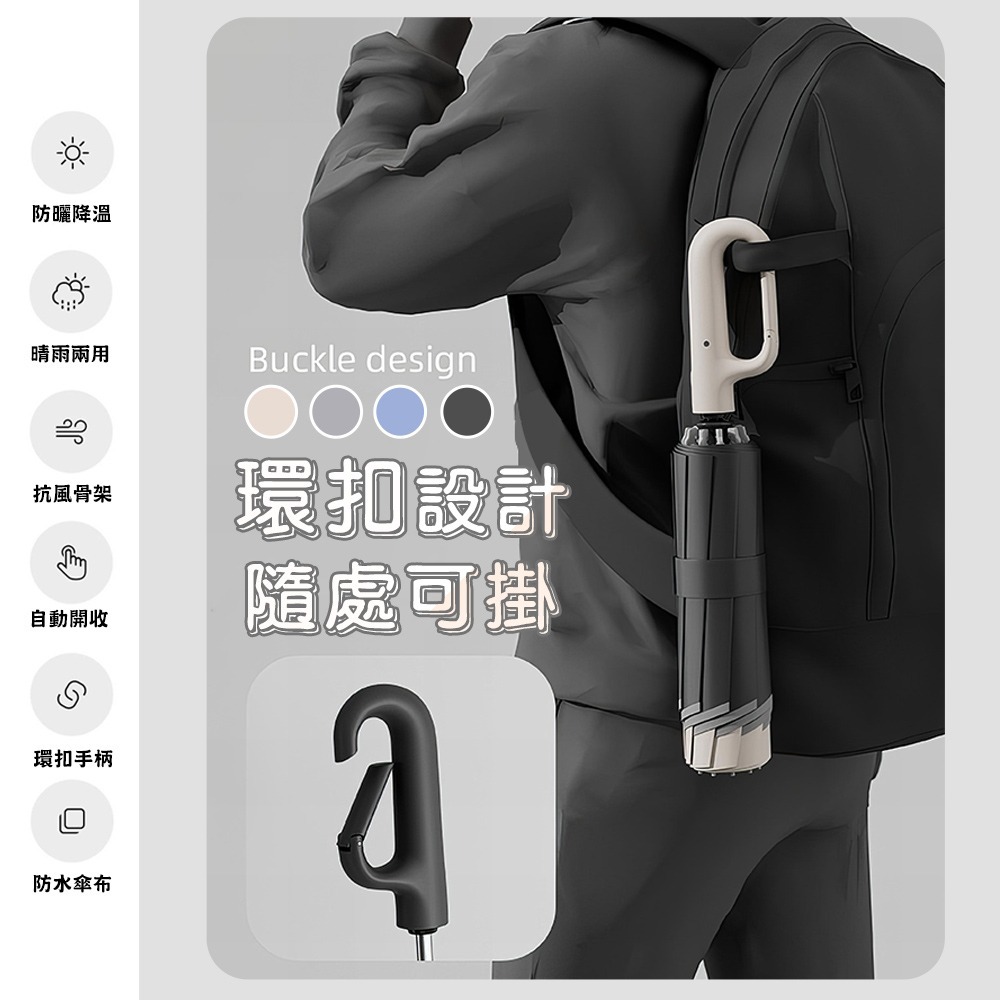 【QIDINA】反光條環扣反向黑膠摺疊自動傘-A /  反向傘 反向自動傘 摺疊傘 折疊傘 折疊雨傘 大雨傘-細節圖5