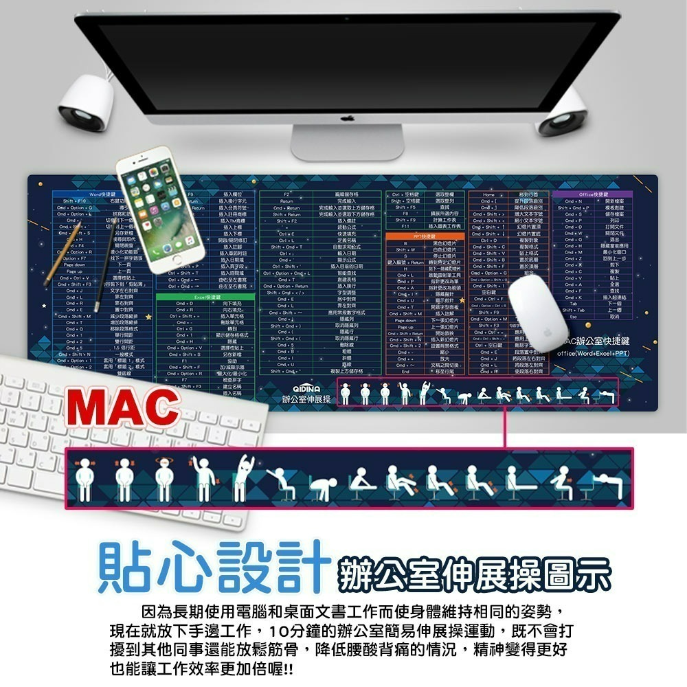 【QIDINA】獨創設計-質感MAC繁中快捷鍵滑鼠大桌墊 / 超大滑鼠墊 電腦桌墊 辦公桌墊 快捷鍵桌墊 餐墊-細節圖4
