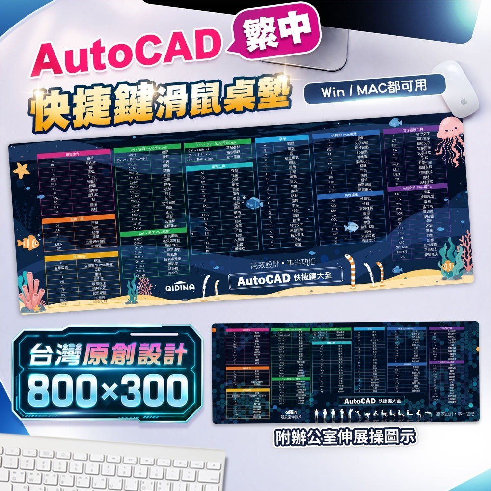 【QIDINA】獨創設計-CAD繁中快捷鍵滑鼠大桌墊(WIN/MAC通用款) / 超大滑鼠墊 電腦桌墊 辦公桌墊