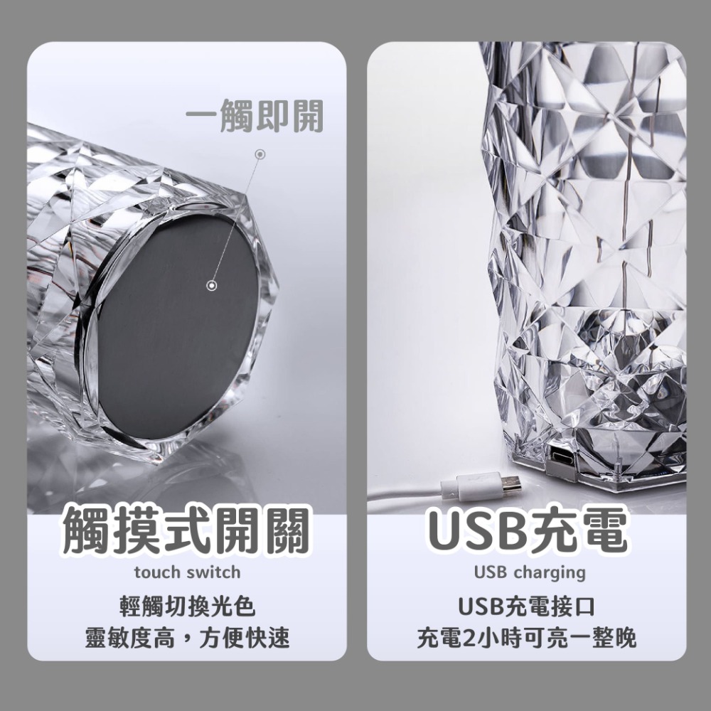 出貨快+免運🔥水晶玫瑰燈 玫瑰花燈 水晶檯燈 觸碰燈 玫瑰氣氛燈 鑽石小夜燈 16色RGB調色遙控檯燈-細節圖6